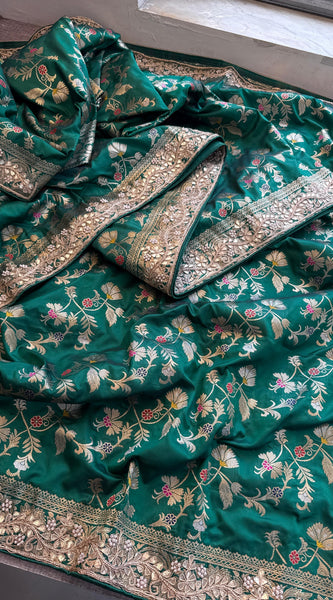 Munga Patola Silk Saree with Gotapatti & Pearl Embroidery