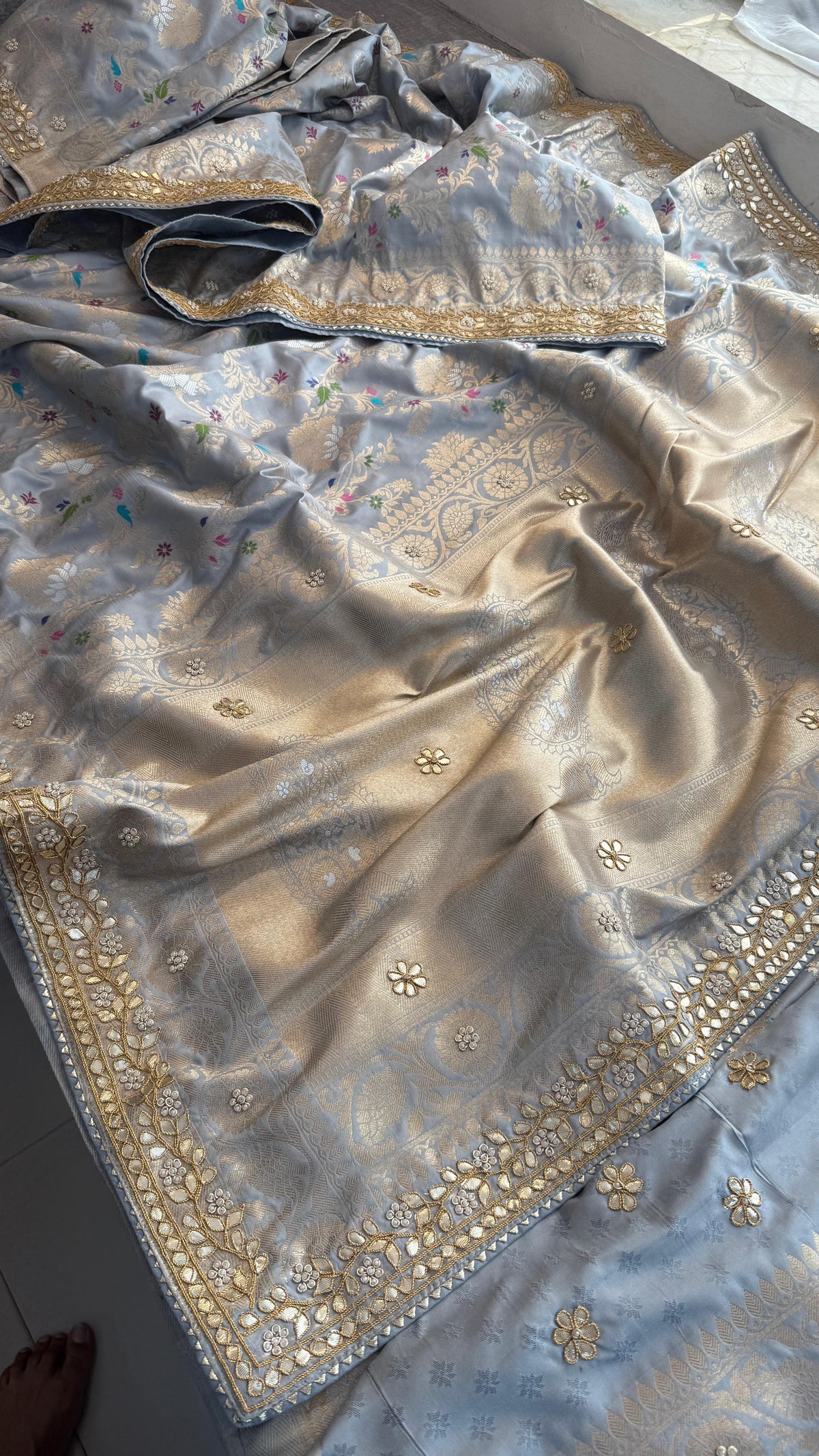 Munga Patola Silk Saree with Sequins & Pearl Embroidery