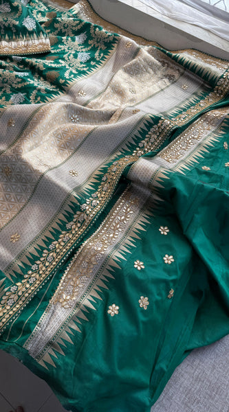 Munga Patola Silk Saree with Sequins & Pearl Embroidery