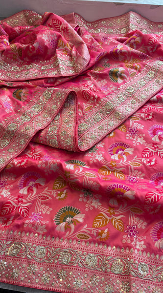 Munga Silk Banarasi Saree with Zardozi & Pearl Accents