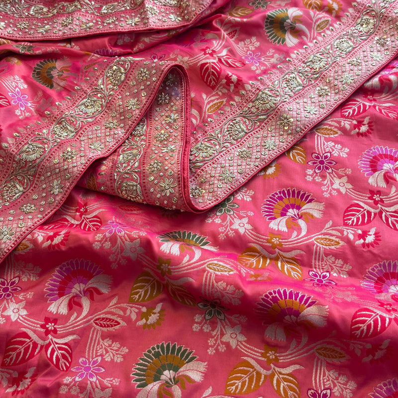 Munga Silk Banarasi Saree with Zardozi & Pearl Accents