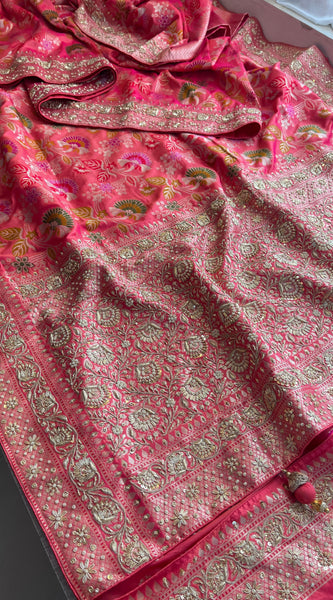 Munga Silk Banarasi Saree with Zardozi & Pearl Accents