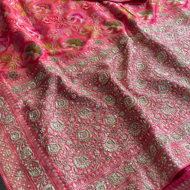 Munga Silk Banarasi Saree with Zardozi & Pearl Accents