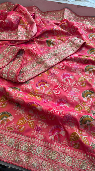 Munga Silk Banarasi Saree with Zardozi & Pearl Accents