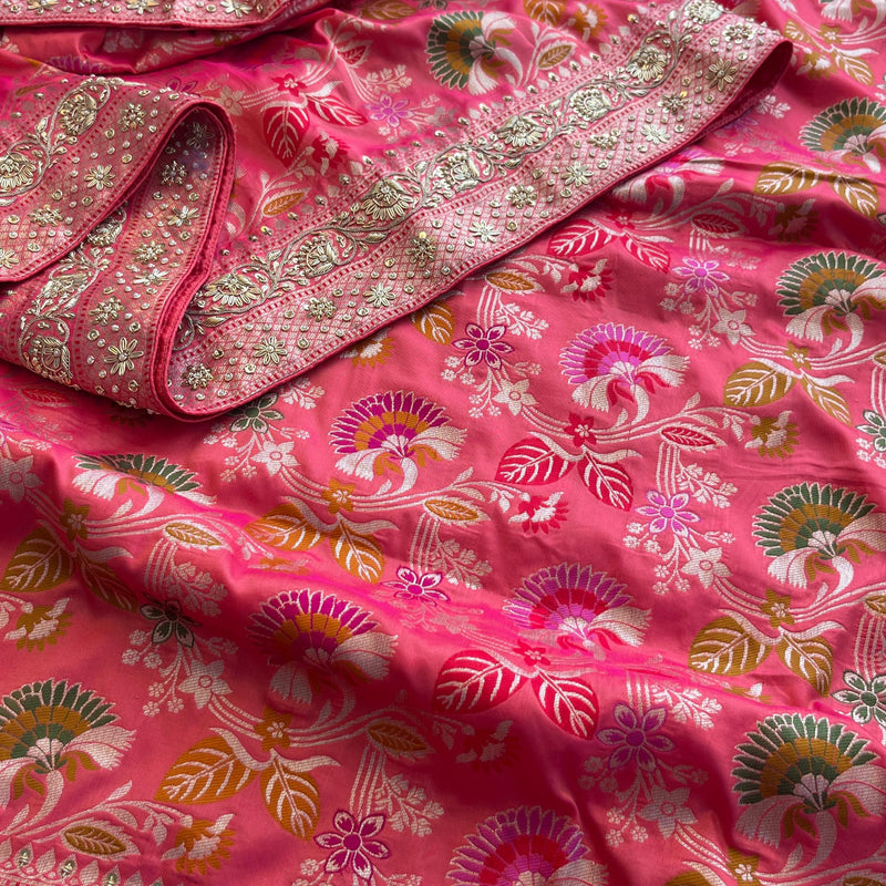 Munga Silk Banarasi Saree with Zardozi & Pearl Accents