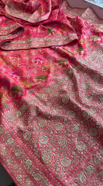 Munga Silk Banarasi Saree with Zardozi & Pearl Accents