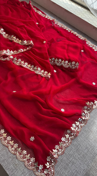 Chiffon Saree with Zardozi, Pearl & Gotapatti Highlights