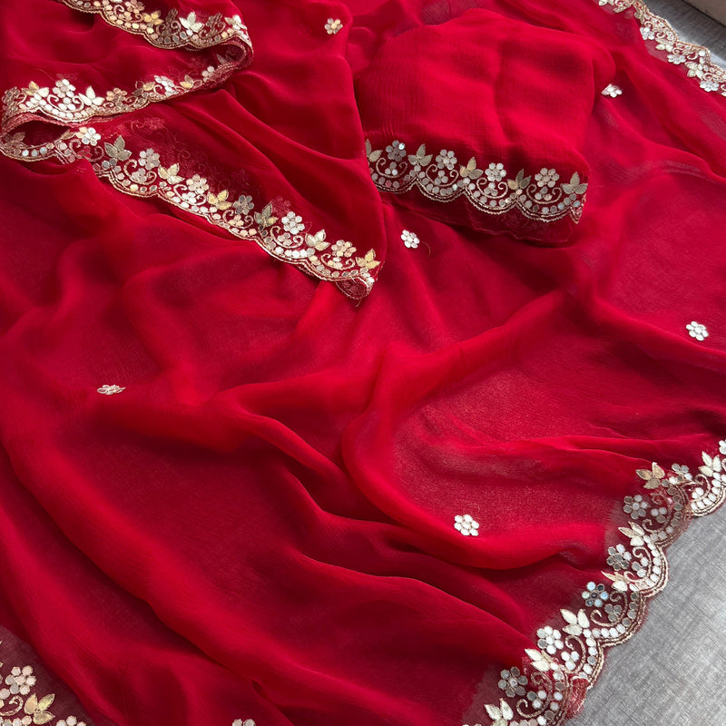 Chiffon Saree with Zardozi, Pearl & Gotapatti Highlights