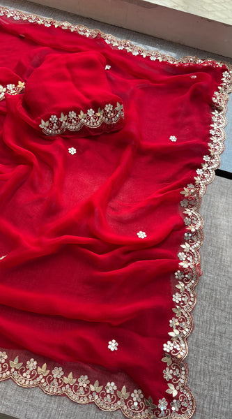 Chiffon Saree with Zardozi, Pearl & Gotapatti Highlights