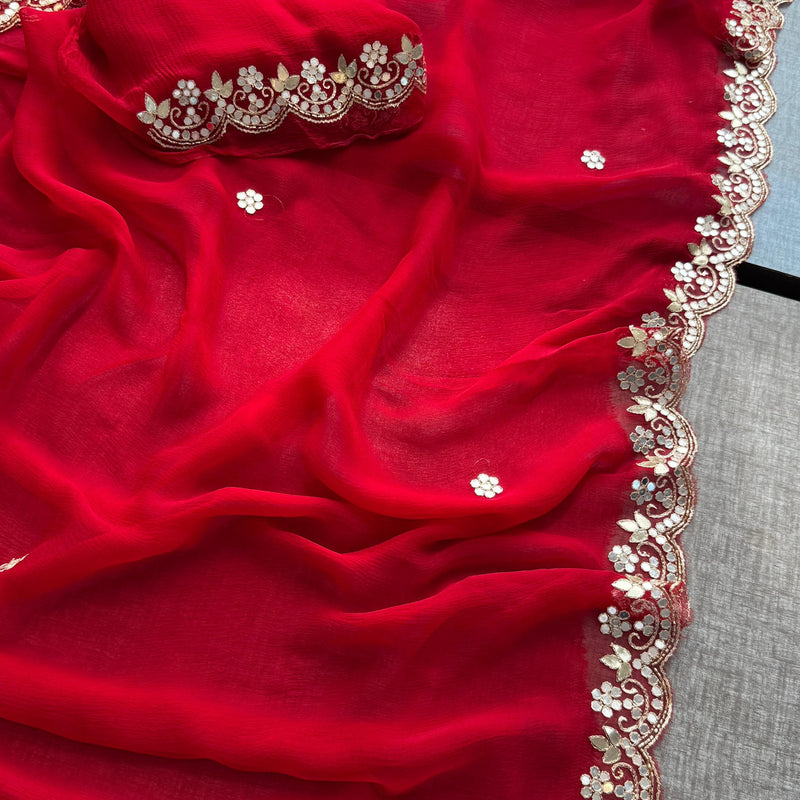 Chiffon Saree with Zardozi, Pearl & Gotapatti Highlights