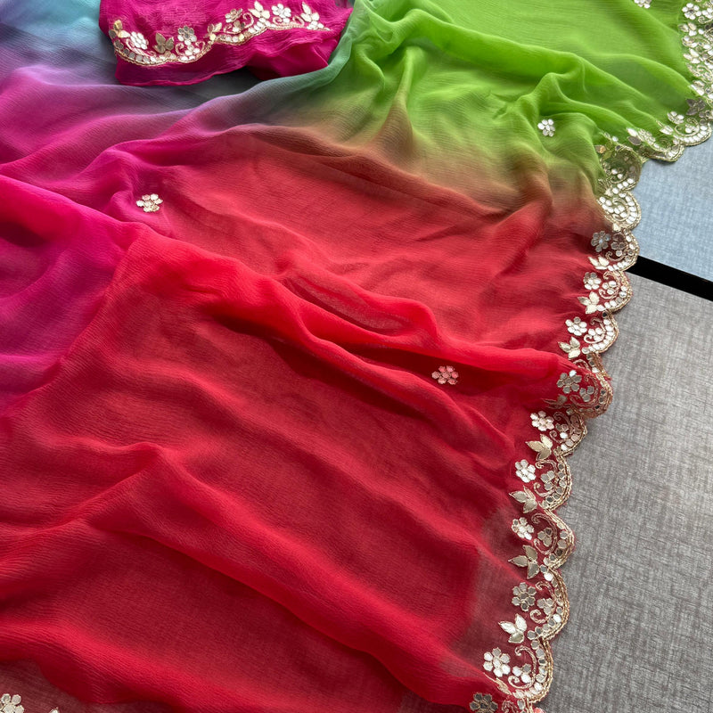 Chiffon Saree with Zardozi, Pearl & Gotapatti Highlights