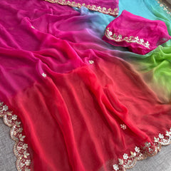 Chiffon Saree with Zardozi, Pearl & Gotapatti Highlights