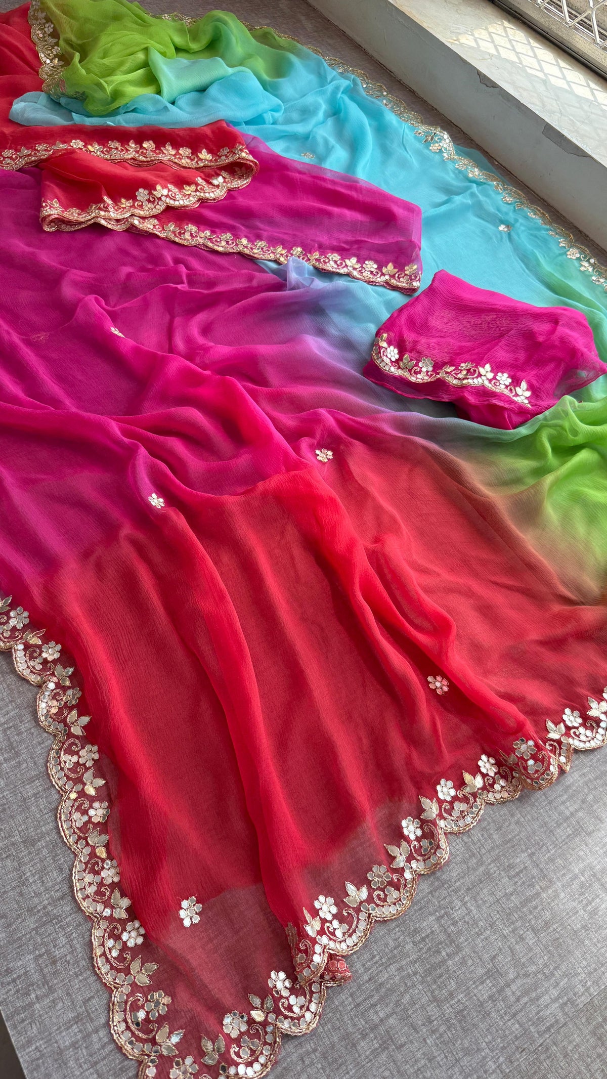 Chiffon Saree with Zardozi, Pearl & Gotapatti Highlights