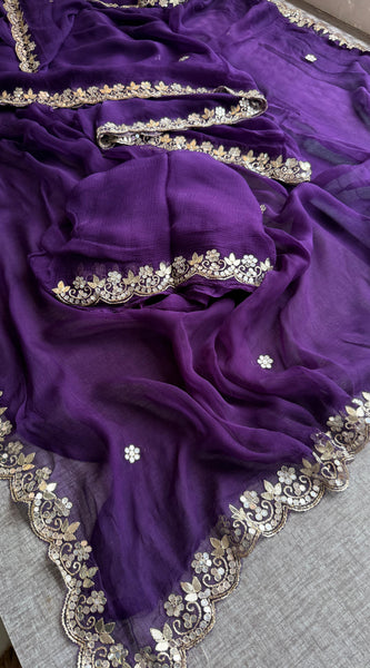Chiffon Saree with Zardozi, Pearl & Gotapatti Highlights