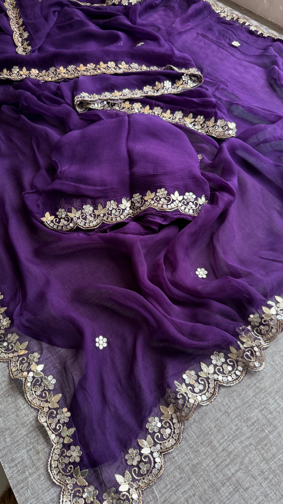 Chiffon Saree with Zardozi, Pearl & Gotapatti Highlights