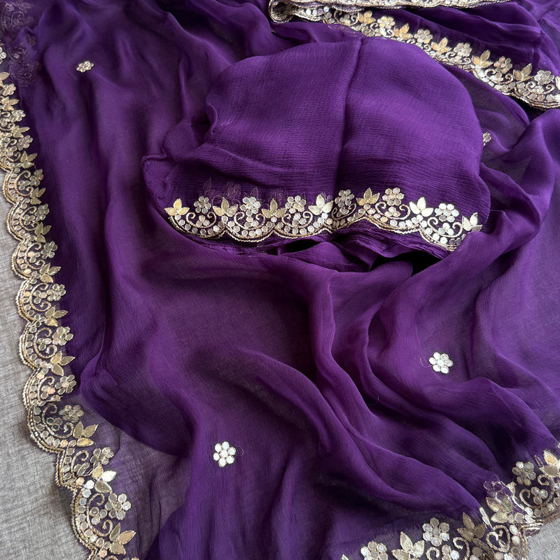 Chiffon Saree with Zardozi, Pearl & Gotapatti Highlights