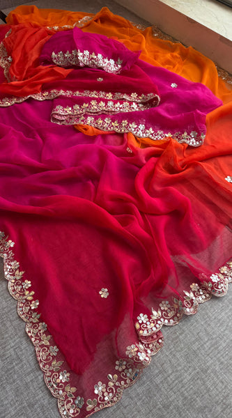 Chiffon Saree with Zardozi, Pearl & Gotapatti Highlights
