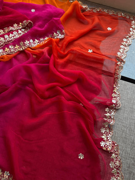 Chiffon Saree with Zardozi, Pearl & Gotapatti Highlights