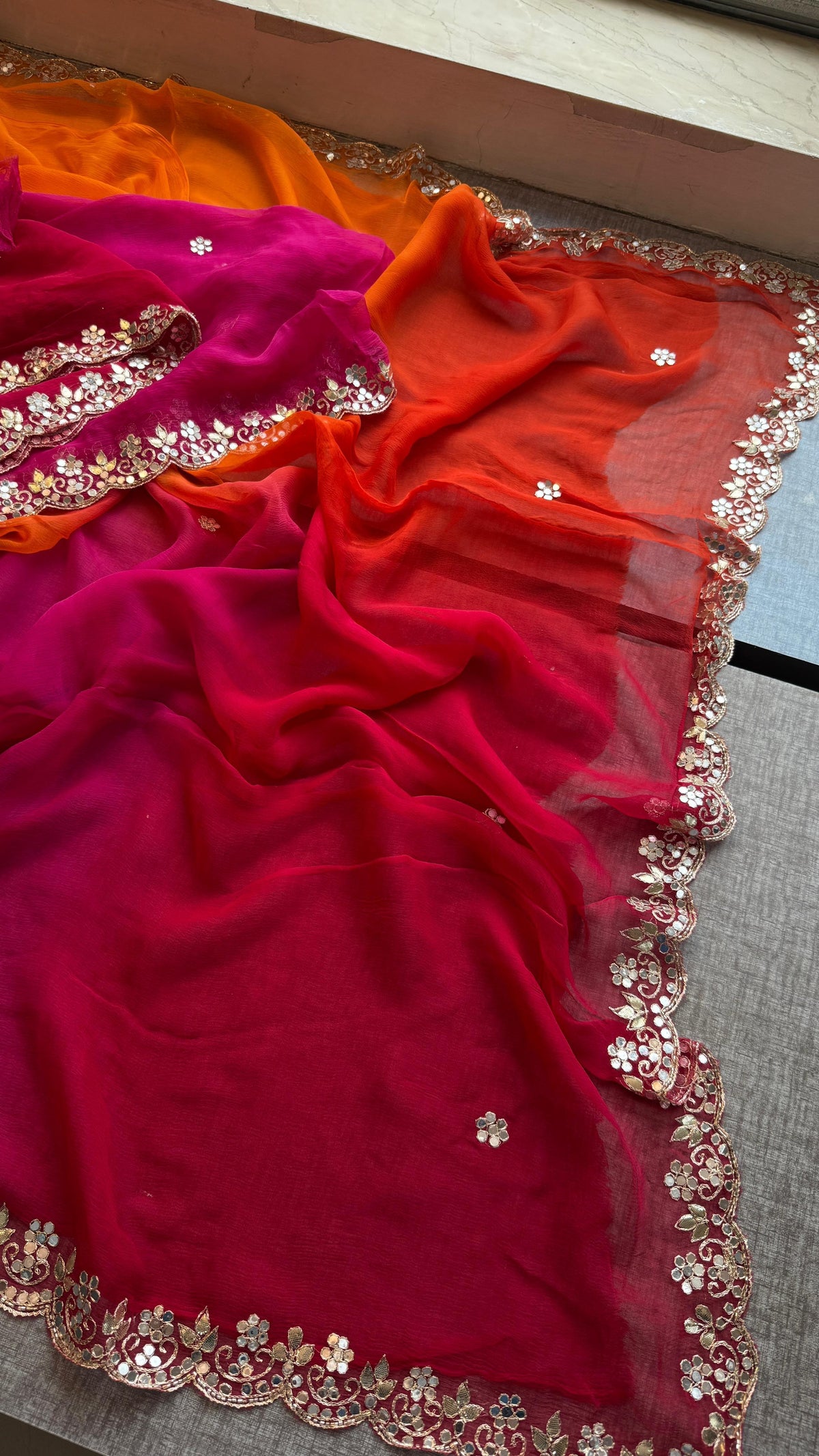 Chiffon Saree with Zardozi, Pearl & Gotapatti Highlights