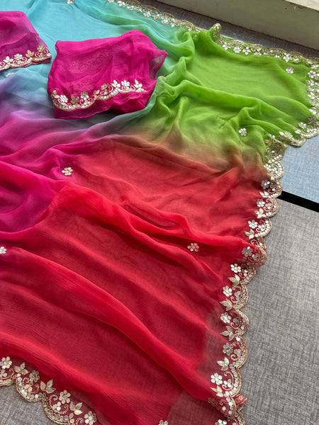 Chiffon Saree with Zardozi, Pearl & Gotapatti Highlights