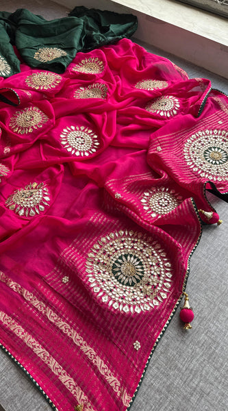 Munga Silk Banarasi Saree with Anchor, Pearl & Zardozi