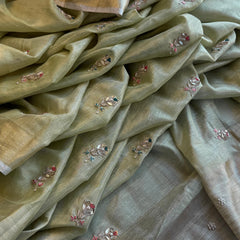 Tissue Linen Banarasi Silk Saree with Zardozi & Pearl Work