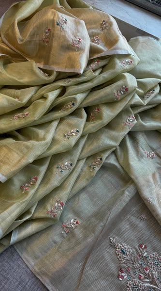 Tissue Linen Banarasi Silk Saree with Zardozi & Pearl Work