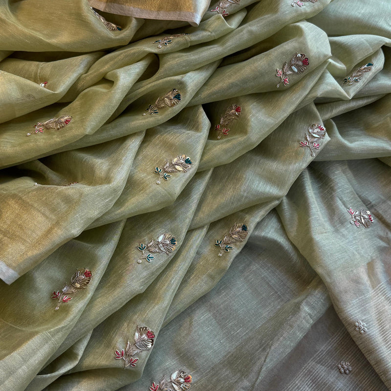Tissue Linen Banarasi Silk Saree with Zardozi & Pearl Work