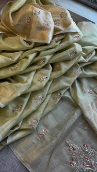 Tissue Linen Banarasi Silk Saree with Zardozi & Pearl Work