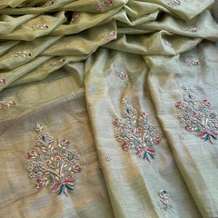 Tissue Linen Banarasi Silk Saree with Zardozi & Pearl Work