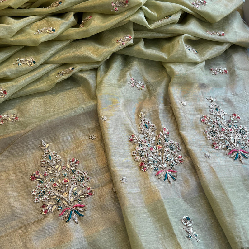 Tissue Linen Banarasi Silk Saree with Zardozi & Pearl Work