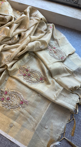 Tissue Linen Banarasi Silk Saree with Zardozi & Pearl Work