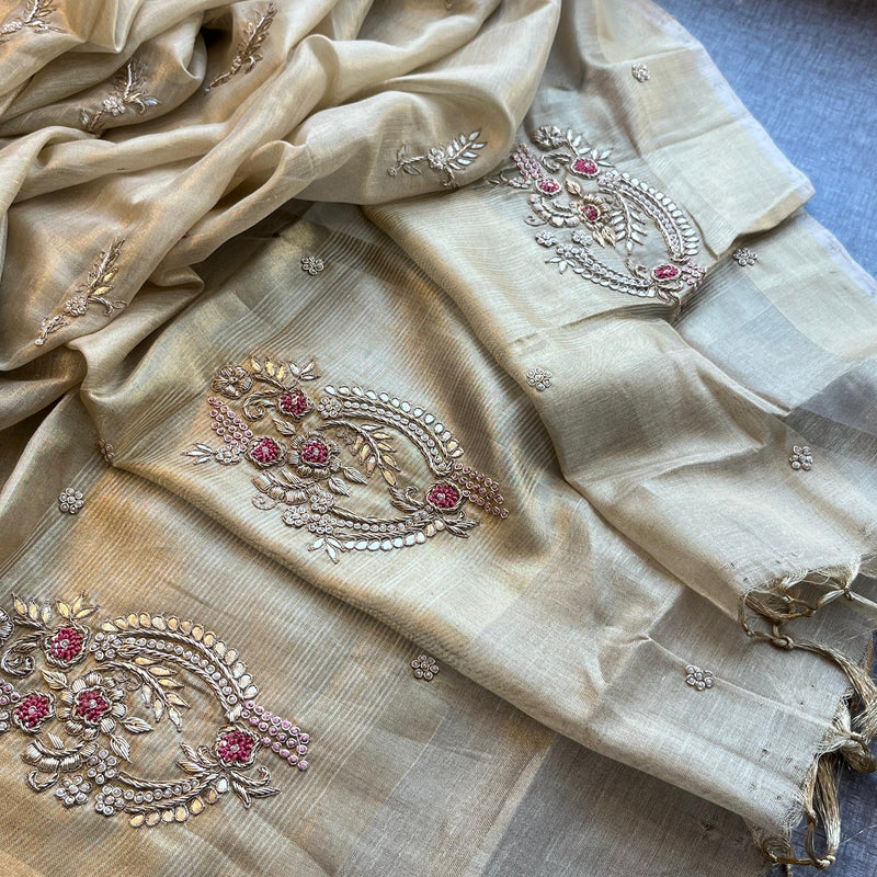 Tissue Linen Banarasi Silk Saree with Zardozi & Pearl Work