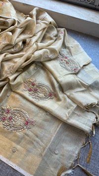 Tissue Linen Banarasi Silk Saree with Zardozi & Pearl Work