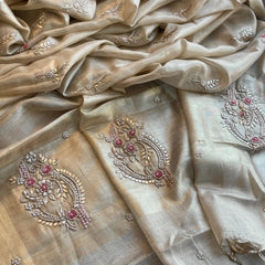 Tissue Linen Banarasi Silk Saree with Zardozi & Pearl Work
