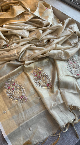 Tissue Linen Banarasi Silk Saree with Zardozi & Pearl Work
