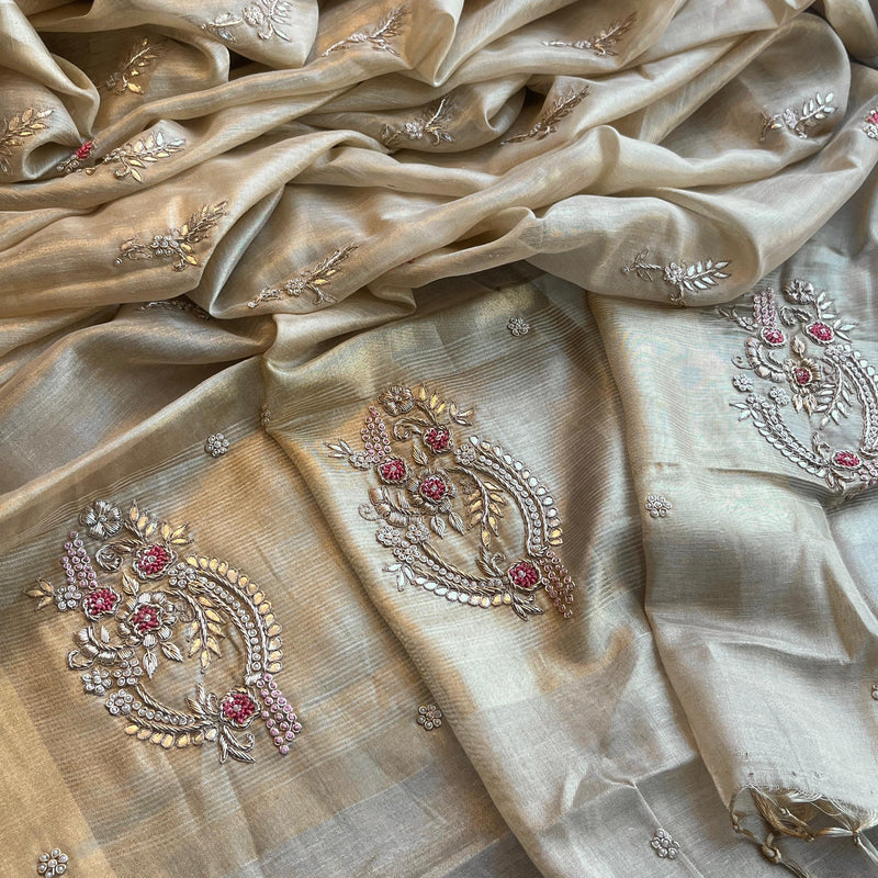 Tissue Linen Banarasi Silk Saree with Zardozi & Pearl Work