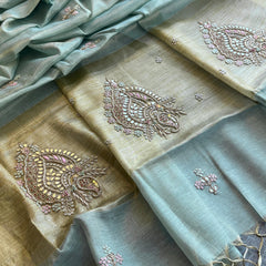 Tissue Linen Banarasi Silk Saree with Zardozi & Pearl Work