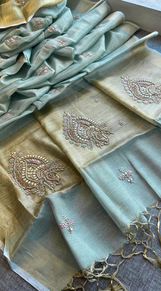 Tissue Linen Banarasi Silk Saree with Zardozi & Pearl Work