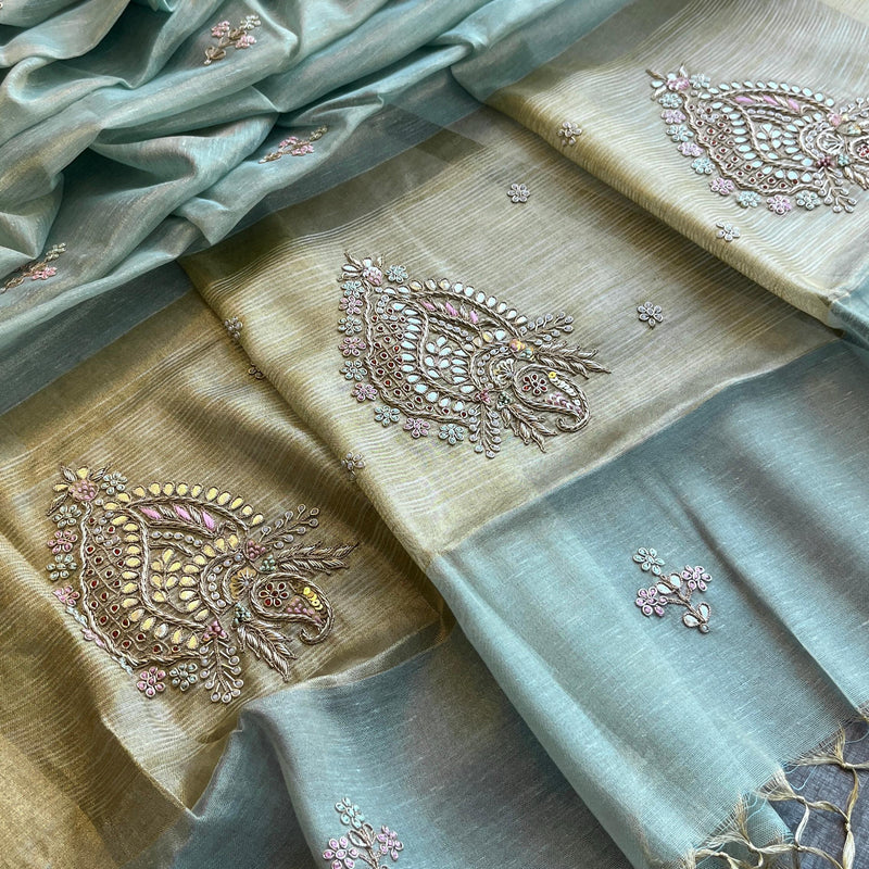 Tissue Linen Banarasi Silk Saree with Zardozi & Pearl Work