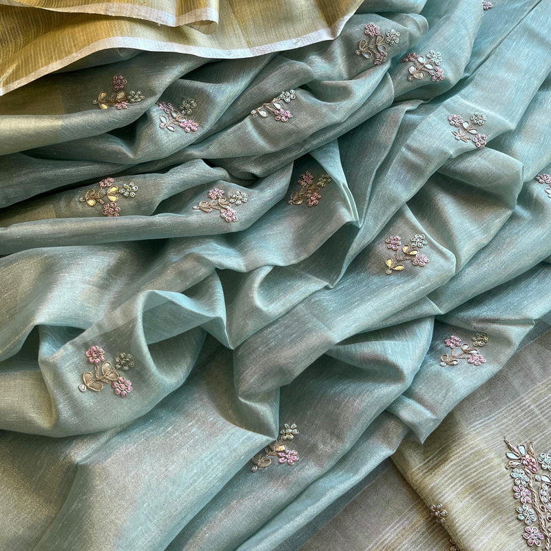 Tissue Linen Banarasi Silk Saree with Zardozi & Pearl Work