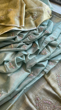 Tissue Linen Banarasi Silk Saree with Zardozi & Pearl Work
