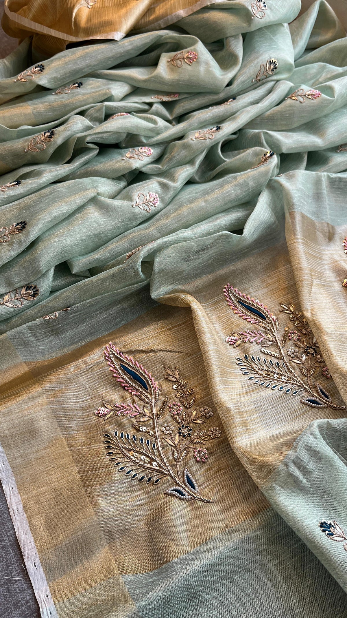 Banarasi Tissue Linen Silk Saree with Resham & Gotapatti Work