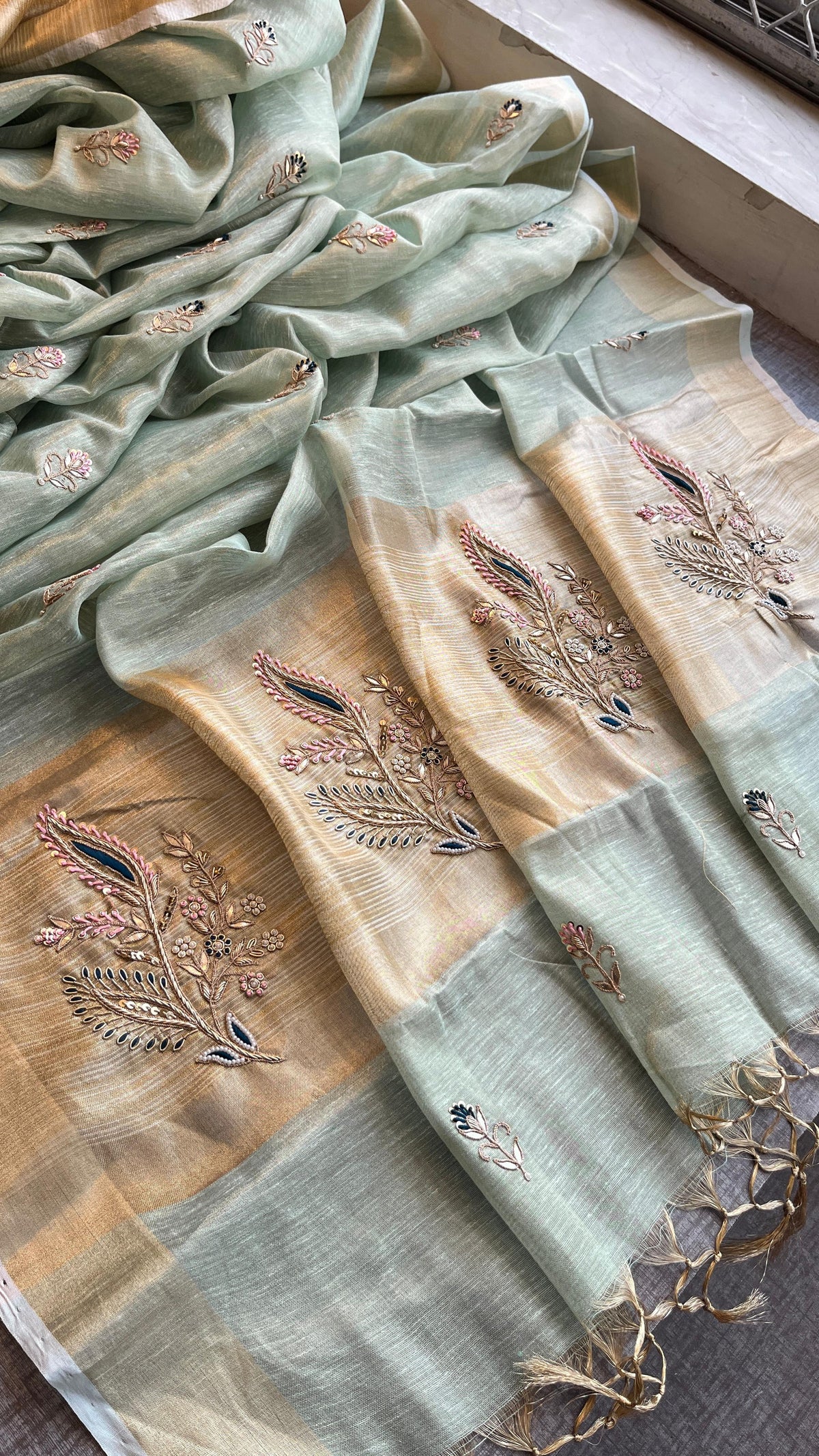 Banarasi Tissue Linen Silk Saree with Resham & Gotapatti Work
