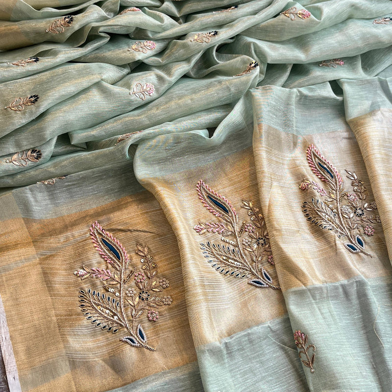 Banarasi Tissue Linen Silk Saree with Resham & Gotapatti Work