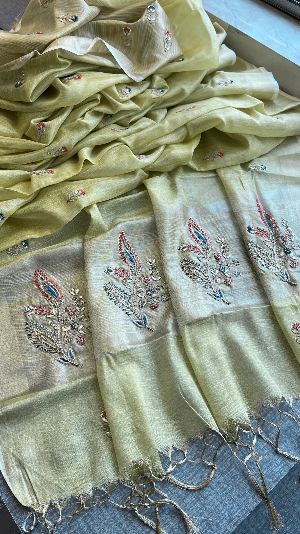 Banarasi Tissue Linen Silk Saree with Resham & Gotapatti Work