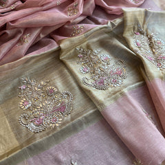 Tissue Linen Silk Banarasi Saree with Pearl & Resham Work