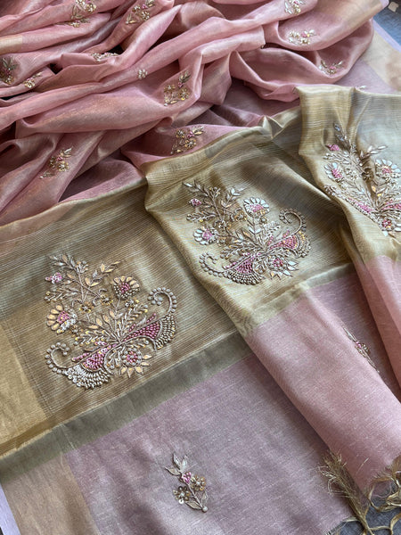 Tissue Linen Silk Banarasi Saree with Pearl & Resham Work