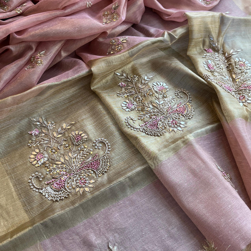 Tissue Linen Silk Banarasi Saree with Pearl & Resham Work