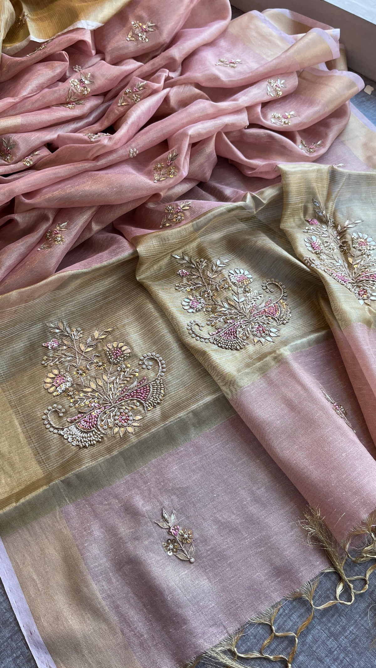 Tissue Linen Silk Banarasi Saree with Pearl & Resham Work